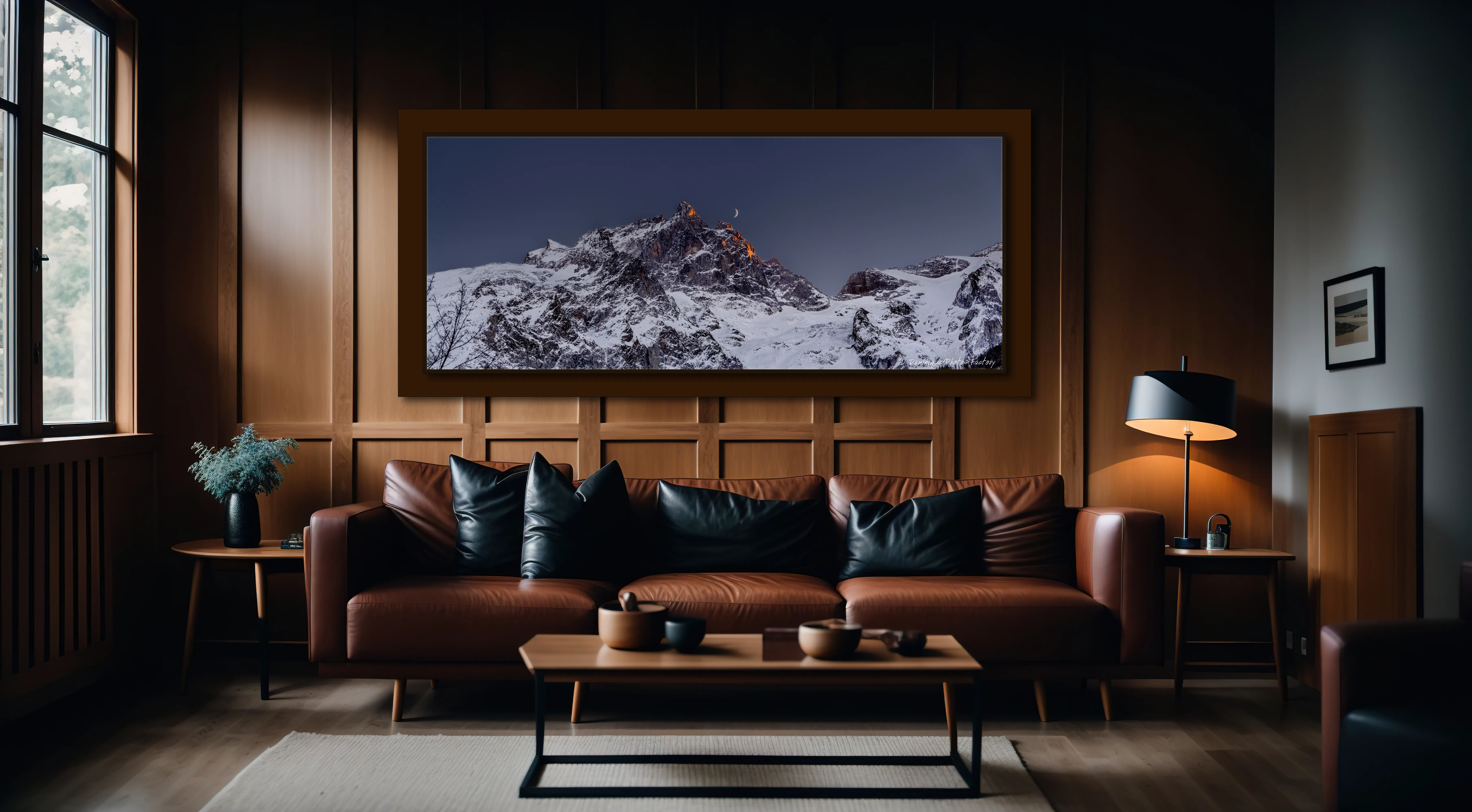 Mise ennuyeuse scène mockup d'un tableau représentant le massif de la meiji en hiver avec lever d'un croissant de lune au dessus du doigt.