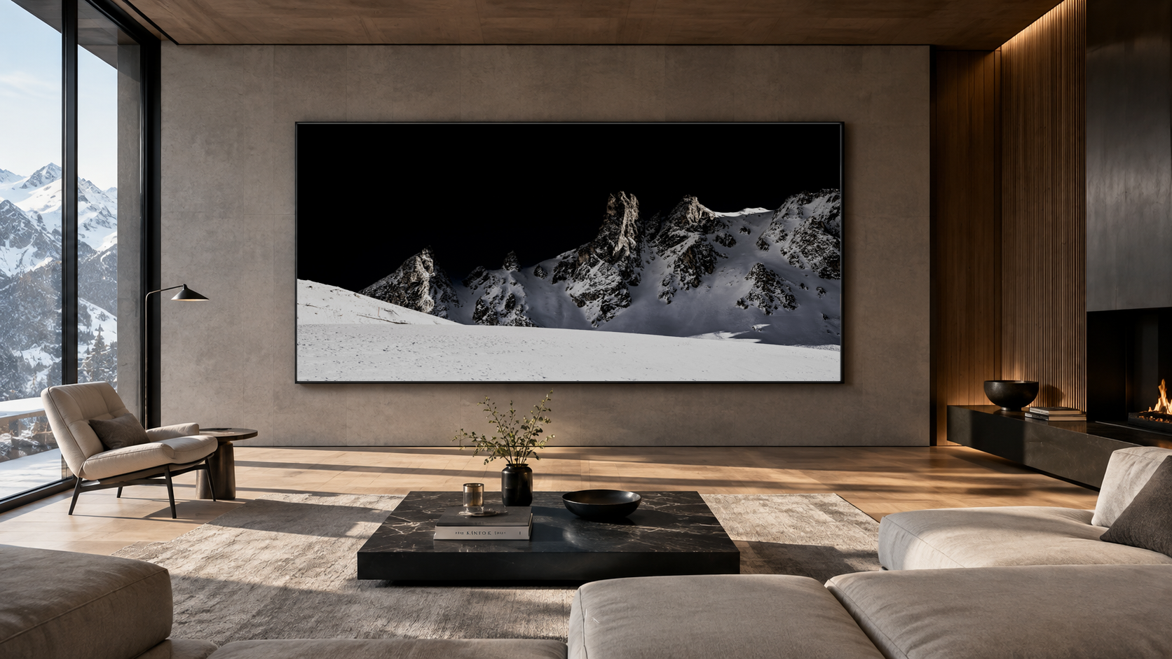 Tableau grand format noir et blanc d'un massif des alpes dans un salon